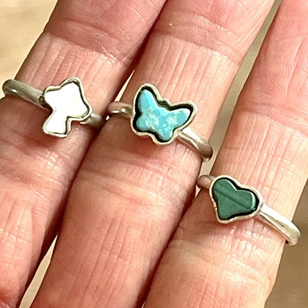 Turquoise Ring Lot 1960s MCM Mushroom Butterfly 5.5 Stackable VTG Sterling